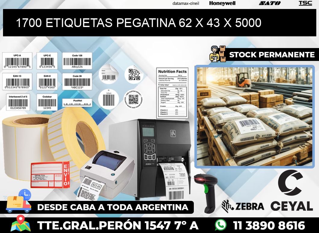 1700 ETIQUETAS PEGATINA 62 x 43 x 5000