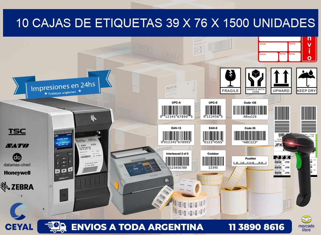 10 CAJAS DE ETIQUETAS 39 x 76 X 1500 UNIDADES