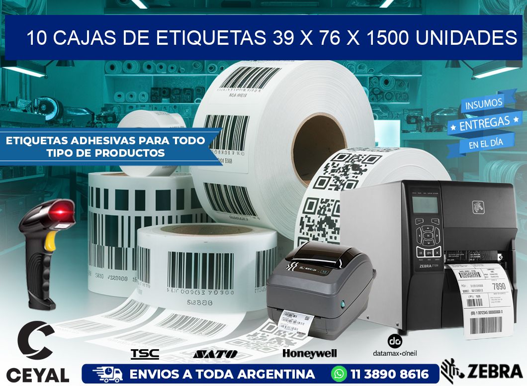 10 CAJAS DE ETIQUETAS 39 x 76 X 1500 UNIDADES