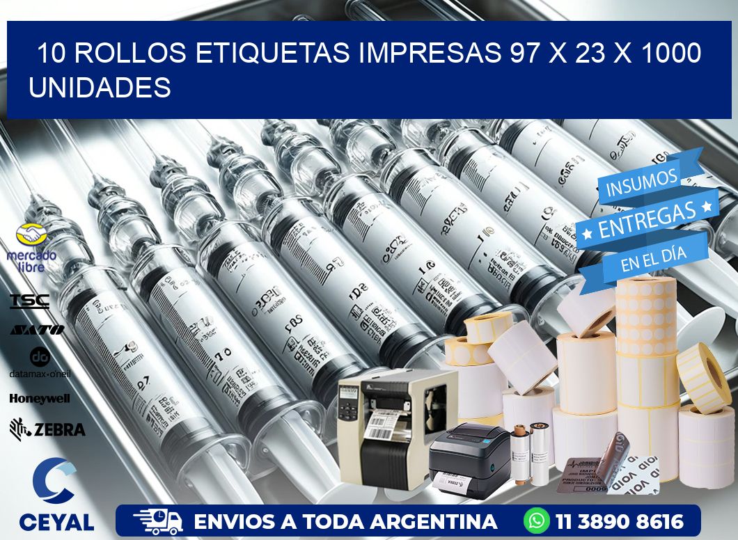 10 ROLLOS ETIQUETAS IMPRESAS 97 x 23 X 1000 UNIDADES