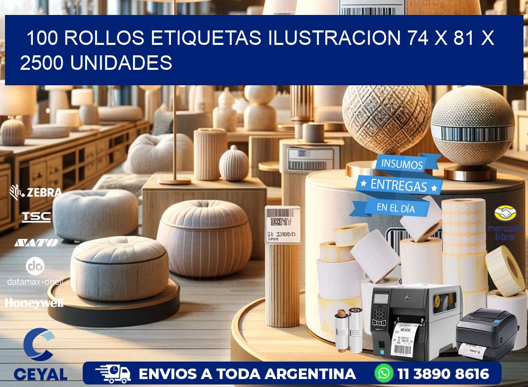 100 ROLLOS ETIQUETAS ILUSTRACION 74 x 81 X 2500 UNIDADES