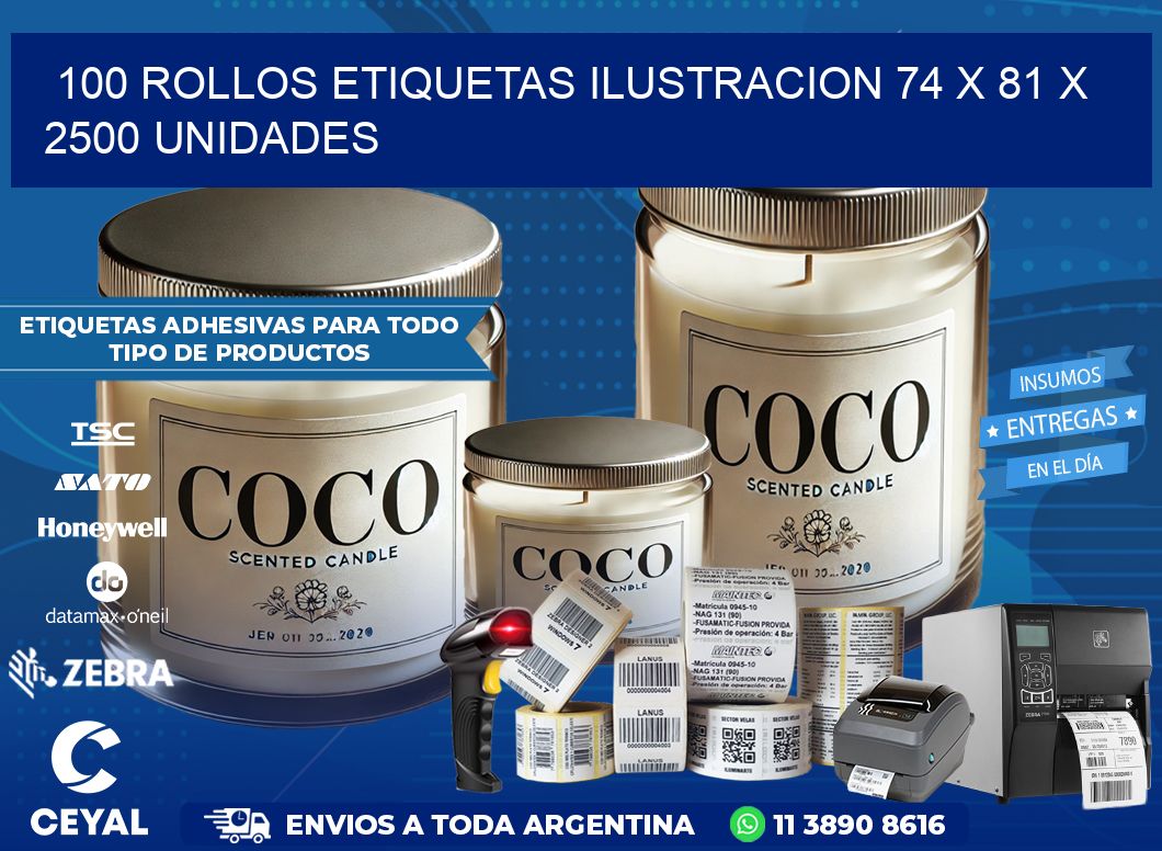 100 ROLLOS ETIQUETAS ILUSTRACION 74 x 81 X 2500 UNIDADES