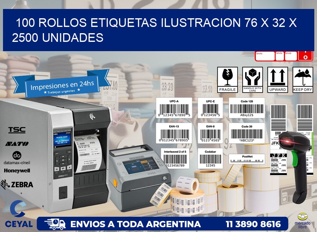 100 ROLLOS ETIQUETAS ILUSTRACION 76 x 32 X 2500 UNIDADES