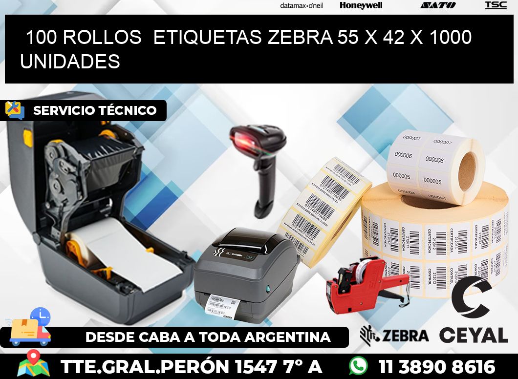 100 ROLLOS  ETIQUETAS ZEBRA 55 x 42 X 1000 UNIDADES