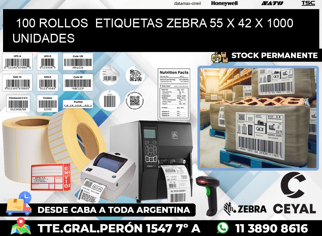 100 ROLLOS  ETIQUETAS ZEBRA 55 x 42 X 1000 UNIDADES