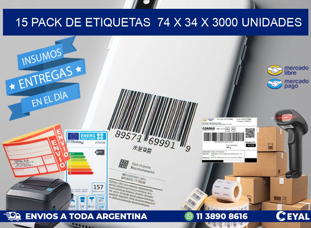 15 PACK DE ETIQUETAS  74 x 34 X 3000 UNIDADES