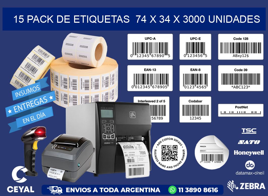 15 PACK DE ETIQUETAS  74 x 34 X 3000 UNIDADES