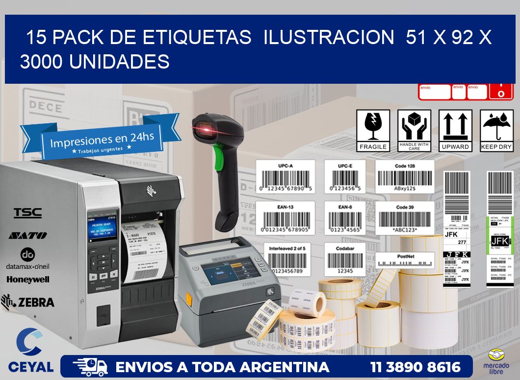 15 PACK DE ETIQUETAS  ILUSTRACION  51 x 92 X 3000 UNIDADES