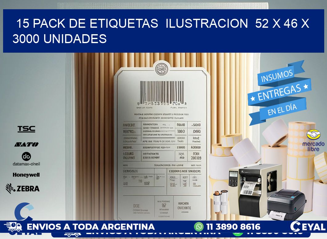 15 PACK DE ETIQUETAS  ILUSTRACION  52 x 46 X 3000 UNIDADES