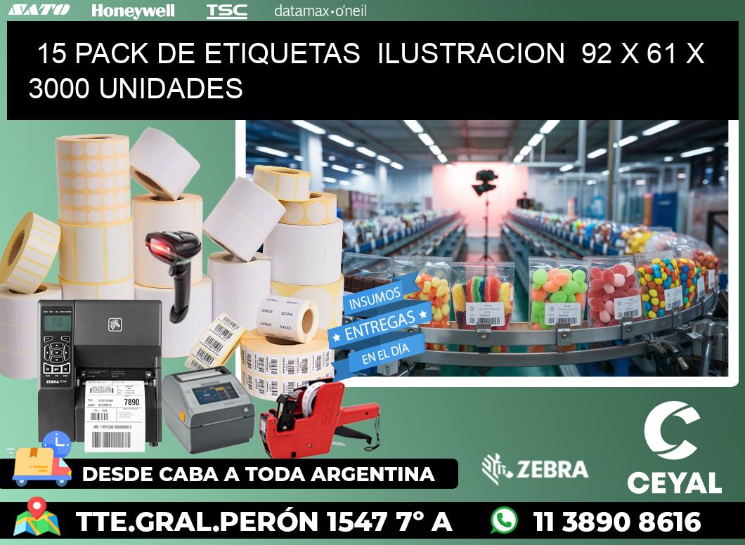 15 PACK DE ETIQUETAS  ILUSTRACION  92 x 61 X 3000 UNIDADES