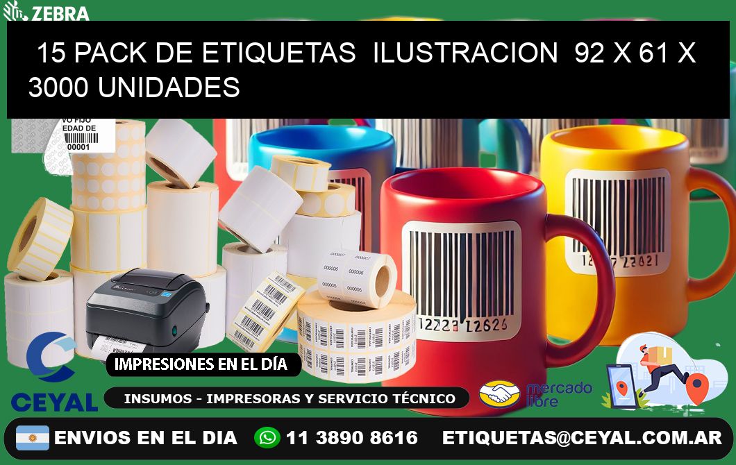 15 PACK DE ETIQUETAS  ILUSTRACION  92 x 61 X 3000 UNIDADES