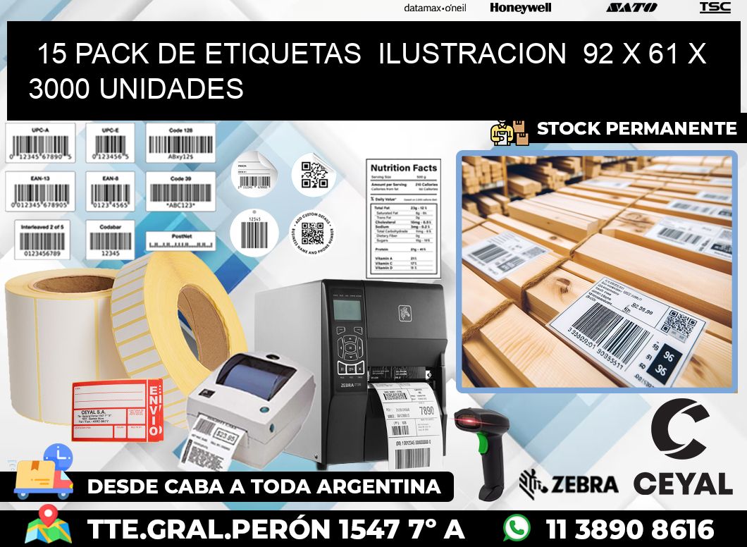 15 PACK DE ETIQUETAS  ILUSTRACION  92 x 61 X 3000 UNIDADES