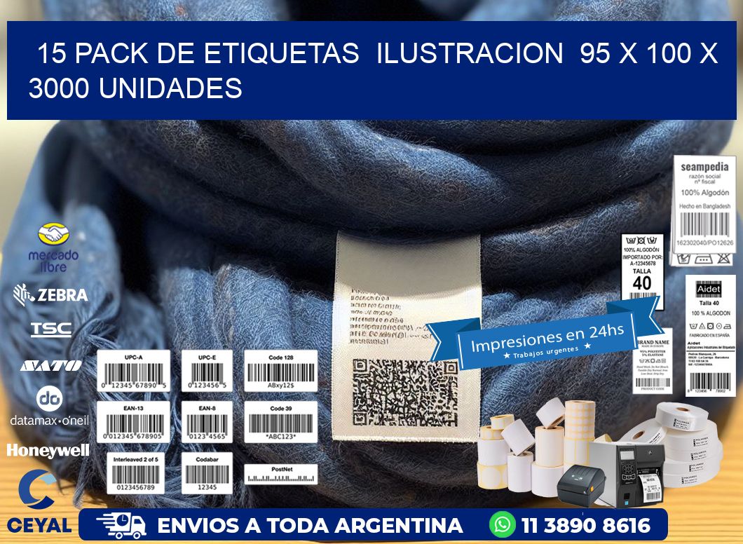 15 PACK DE ETIQUETAS  ILUSTRACION  95 x 100 X 3000 UNIDADES