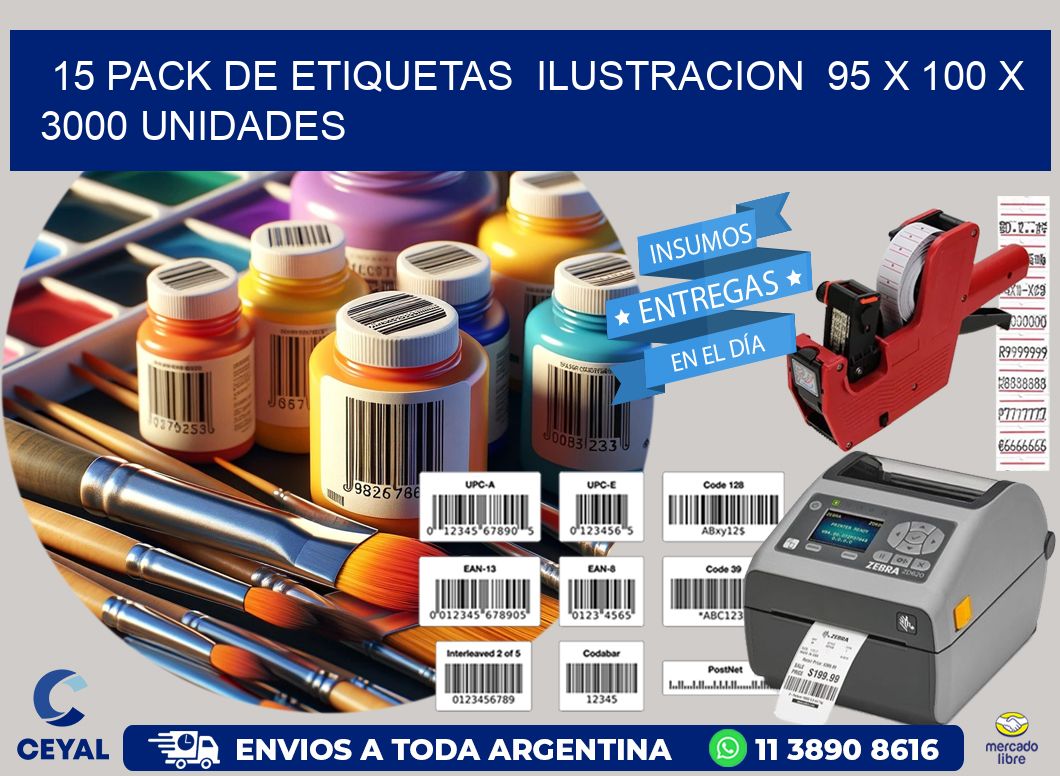 15 PACK DE ETIQUETAS  ILUSTRACION  95 x 100 X 3000 UNIDADES