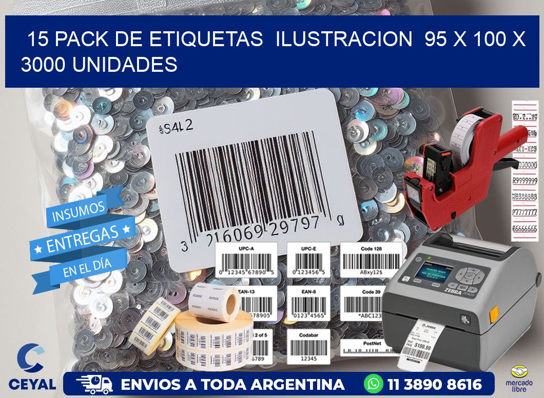 15 PACK DE ETIQUETAS  ILUSTRACION  95 x 100 X 3000 UNIDADES