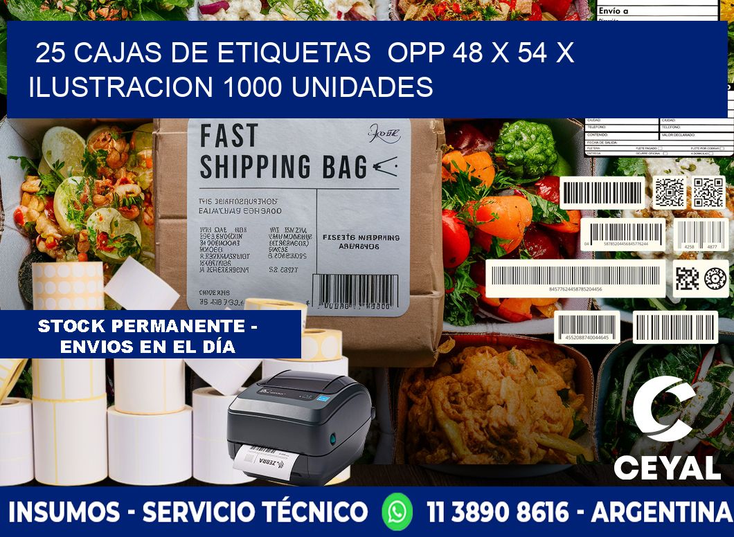 25 CAJAS DE ETIQUETAS  OPP 48 x 54 X ILUSTRACION 1000 UNIDADES