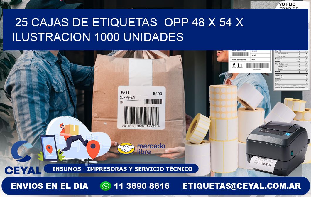 25 CAJAS DE ETIQUETAS  OPP 48 x 54 X ILUSTRACION 1000 UNIDADES