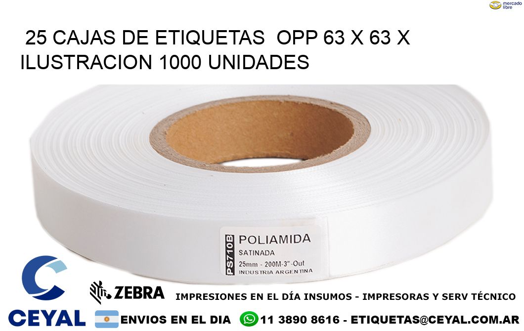 25 CAJAS DE ETIQUETAS  OPP 63 x 63 X ILUSTRACION 1000 UNIDADES