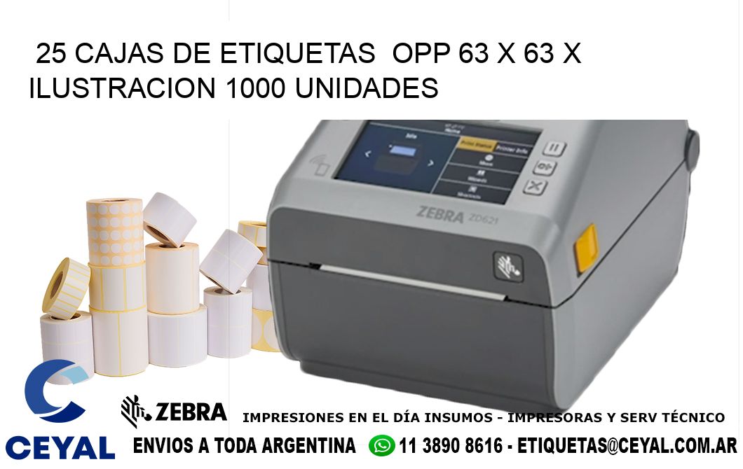 25 CAJAS DE ETIQUETAS  OPP 63 x 63 X ILUSTRACION 1000 UNIDADES