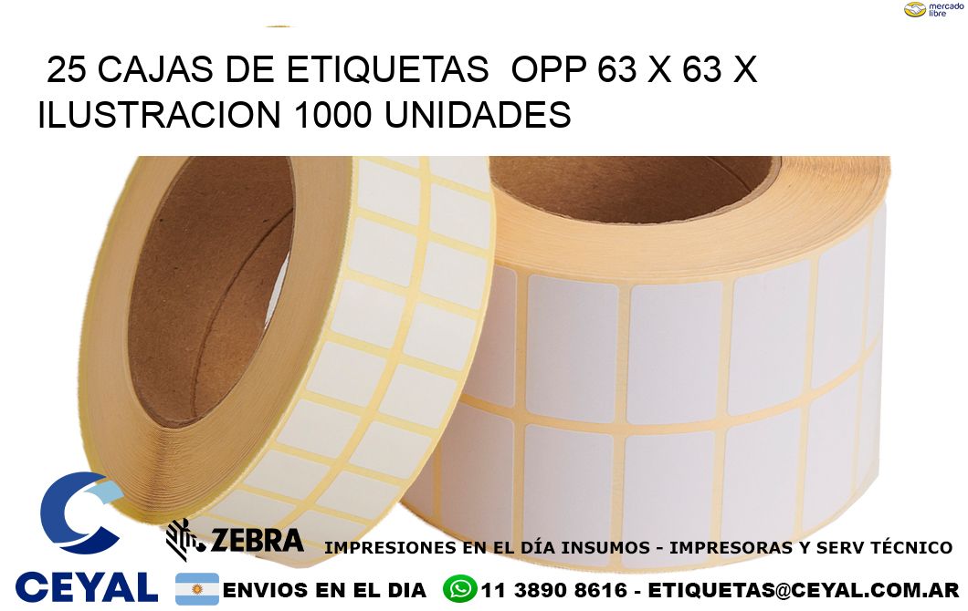 25 CAJAS DE ETIQUETAS  OPP 63 x 63 X ILUSTRACION 1000 UNIDADES