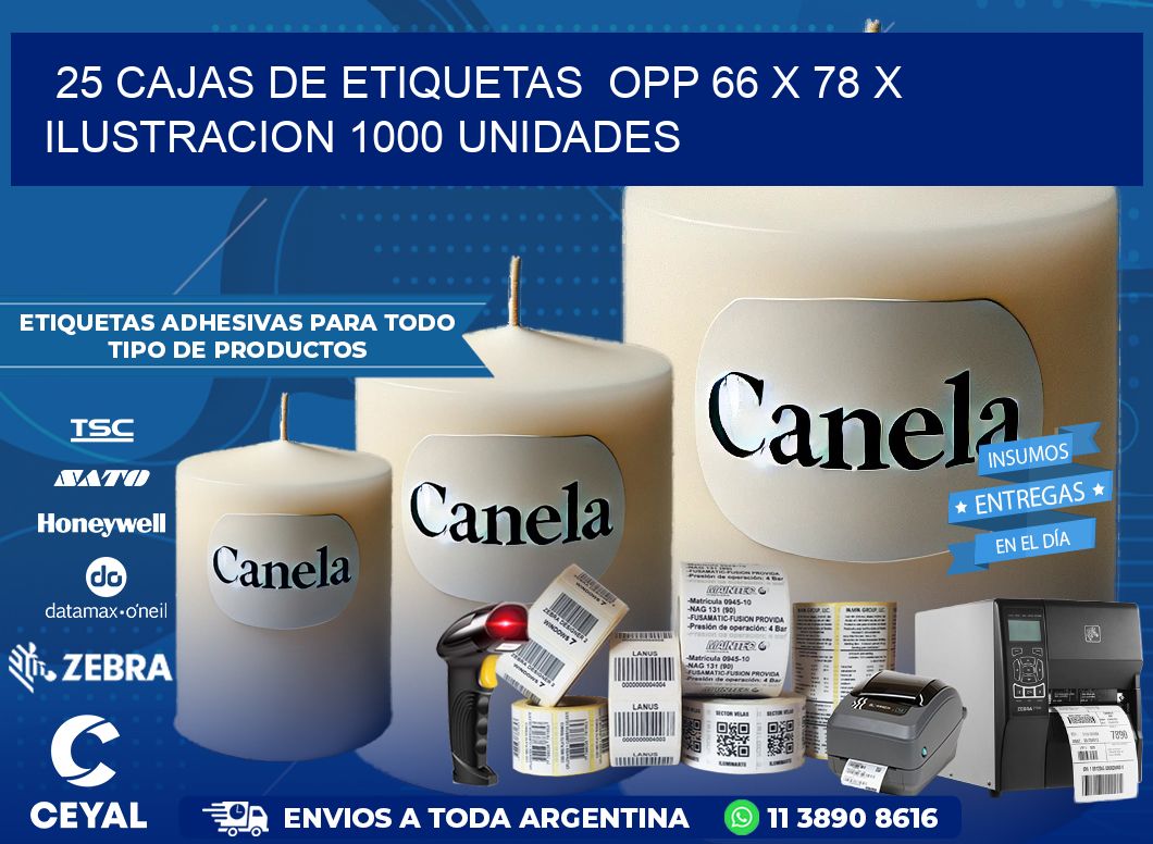 25 CAJAS DE ETIQUETAS  OPP 66 x 78 X ILUSTRACION 1000 UNIDADES