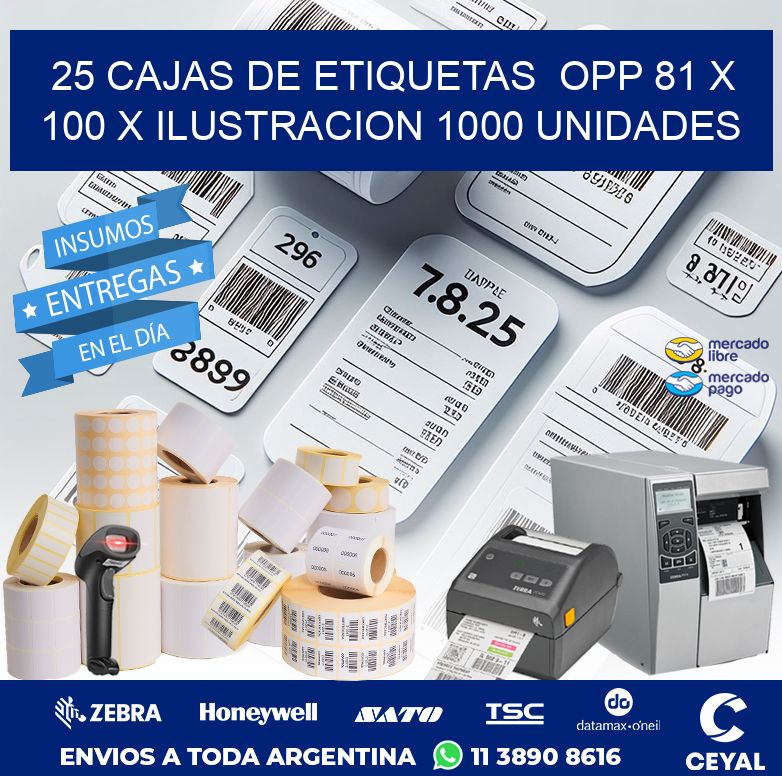 25 CAJAS DE ETIQUETAS  OPP 81 x 100 X ILUSTRACION 1000 UNIDADES