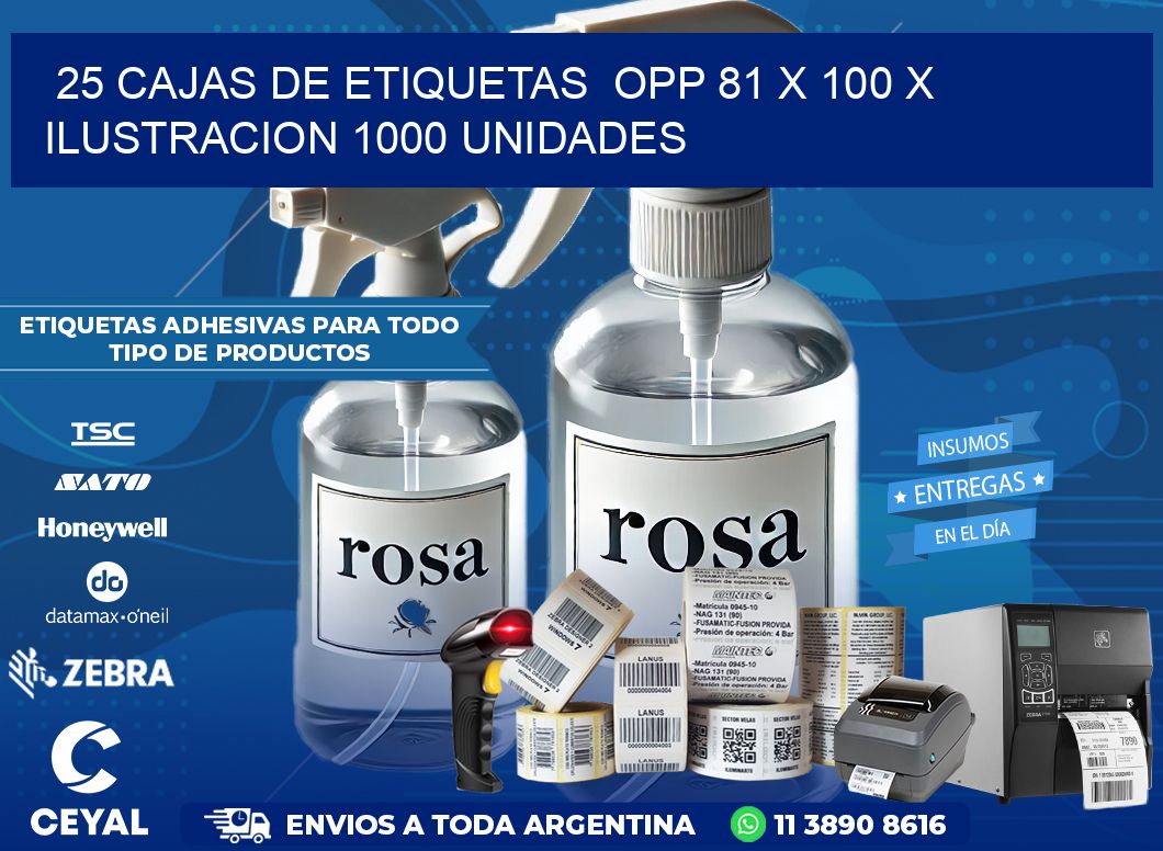 25 CAJAS DE ETIQUETAS  OPP 81 x 100 X ILUSTRACION 1000 UNIDADES