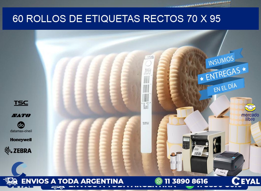 60 ROLLOS DE ETIQUETAS RECTOS 70 x 95