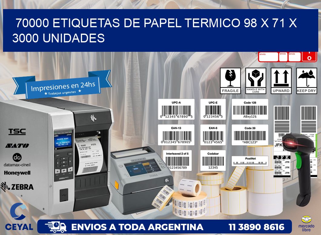 70000 ETIQUETAS DE PAPEL TERMICO 98 x 71 X 3000 UNIDADES